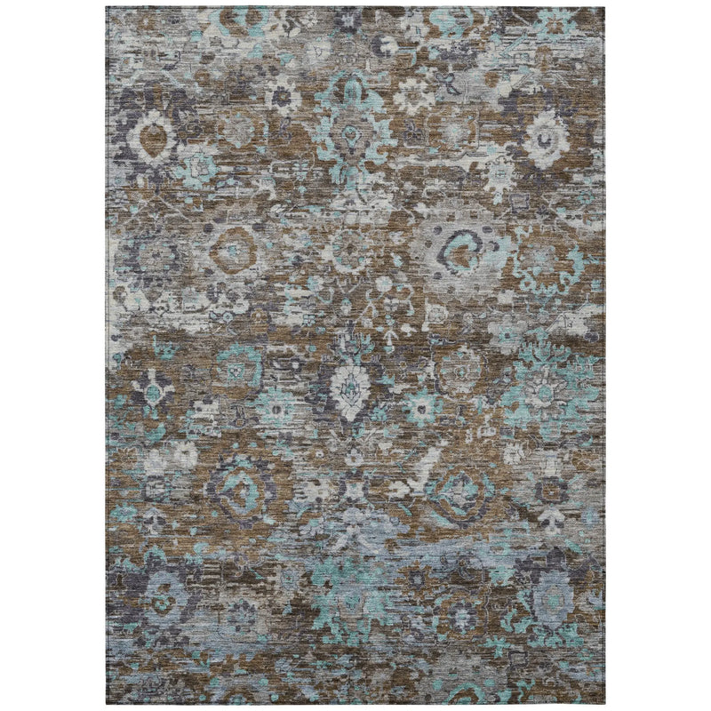 5' X 8' Brown And Teal Blue Floral Washable Indoor Outdoor Area Rug Homeroots Outdoor
