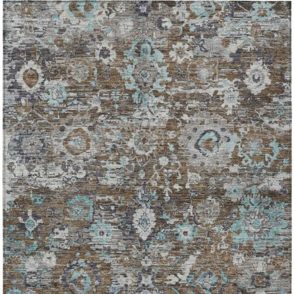 5' X 8' Brown And Teal Blue Floral Washable Indoor Outdoor Area Rug Homeroots Outdoor