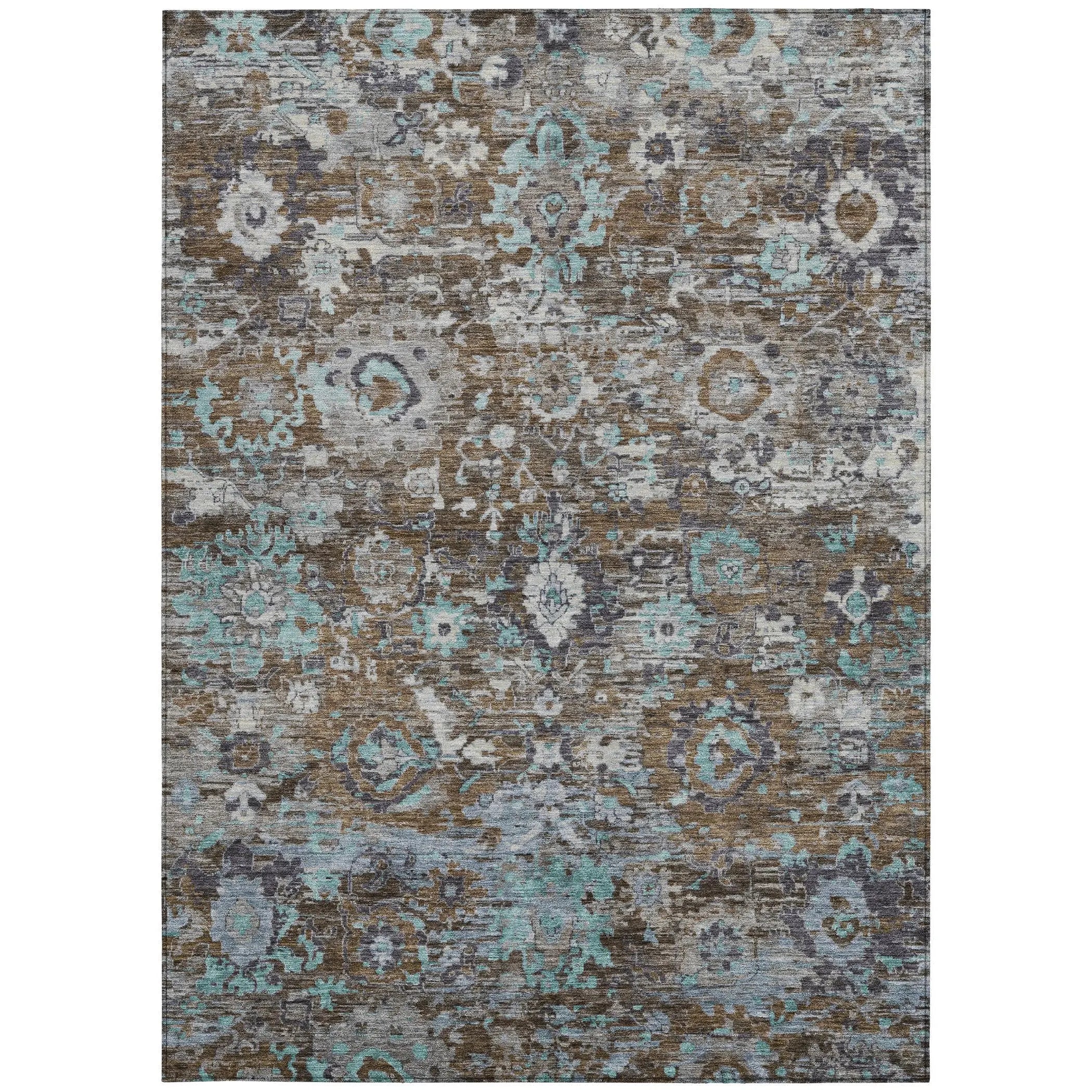 5' X 8' Brown And Teal Blue Floral Washable Indoor Outdoor Area Rug Homeroots Outdoor