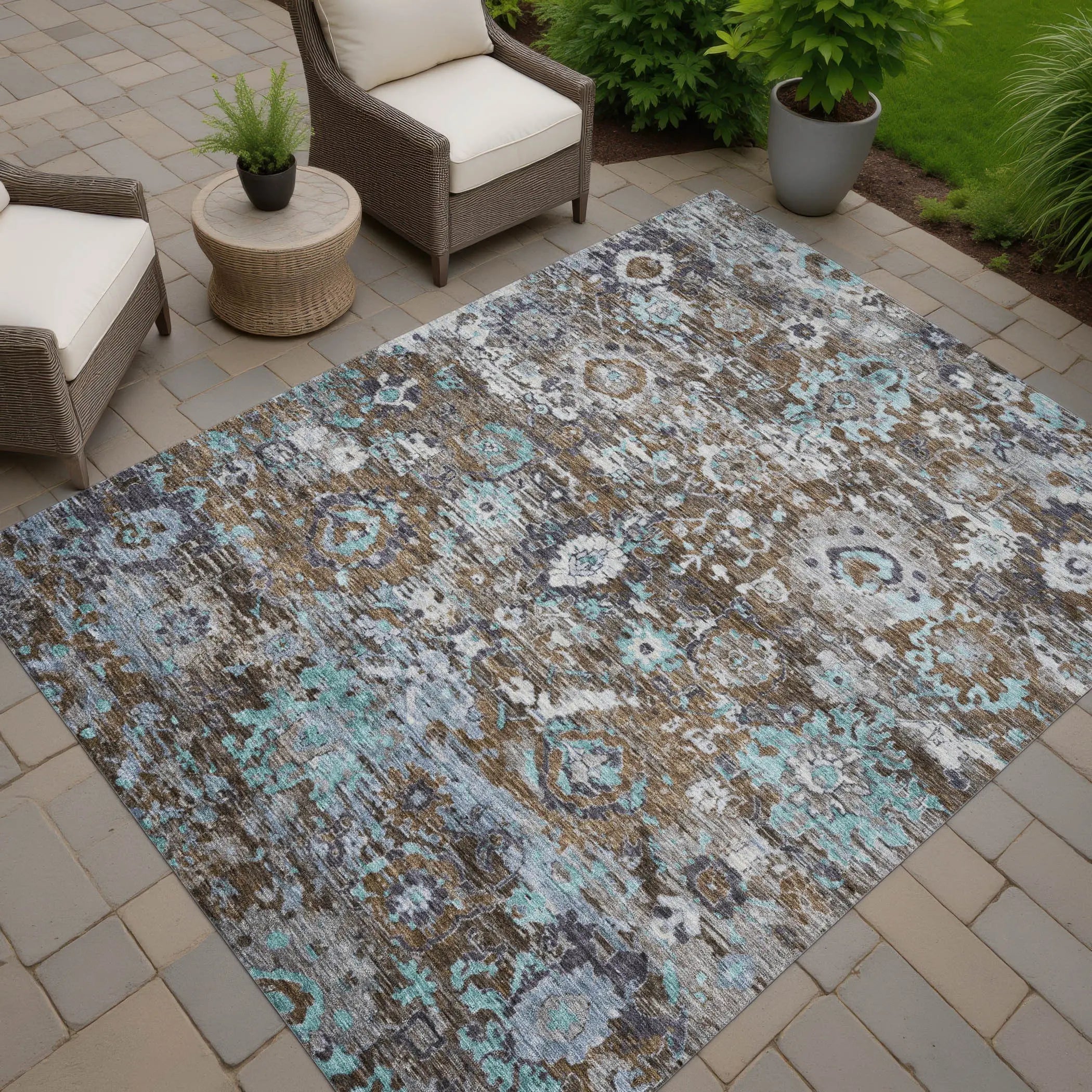 5' X 8' Brown And Teal Blue Floral Washable Indoor Outdoor Area Rug Homeroots Outdoor