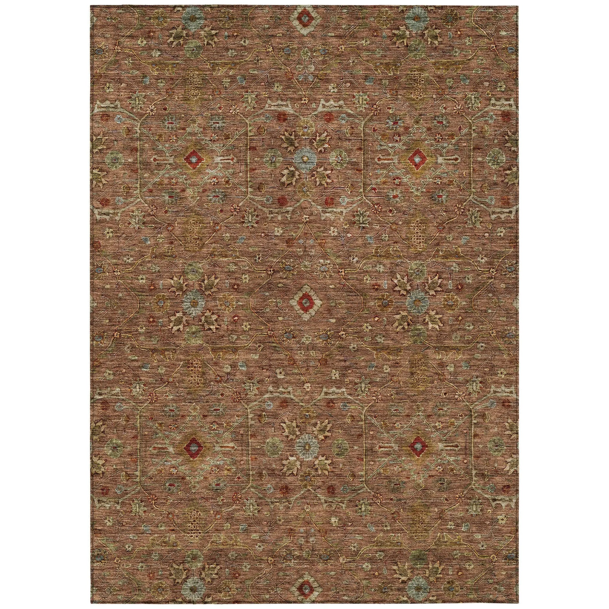 5' X 8' Brown Red And Green Floral Washable Indoor Outdoor Area Rug Homeroots Outdoor
