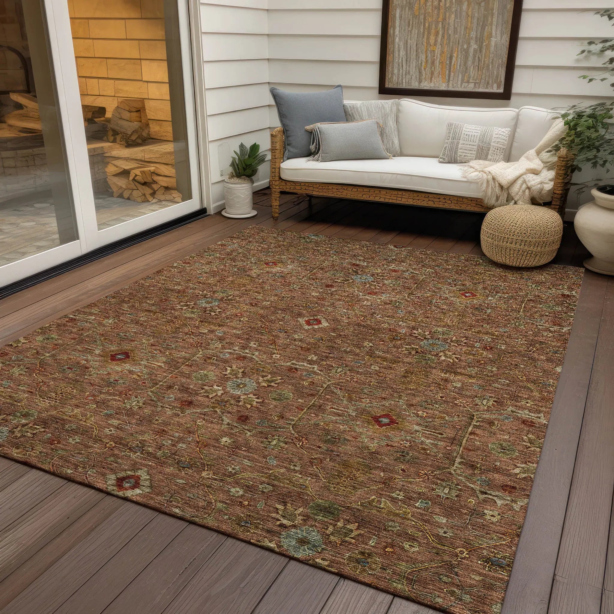 5' X 8' Brown Red And Green Floral Washable Indoor Outdoor Area Rug Homeroots Outdoor