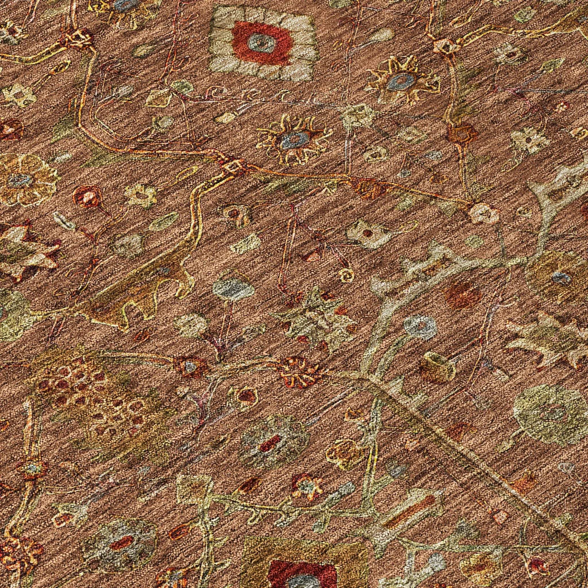 5' X 8' Brown Red And Green Floral Washable Indoor Outdoor Area Rug Homeroots Outdoor