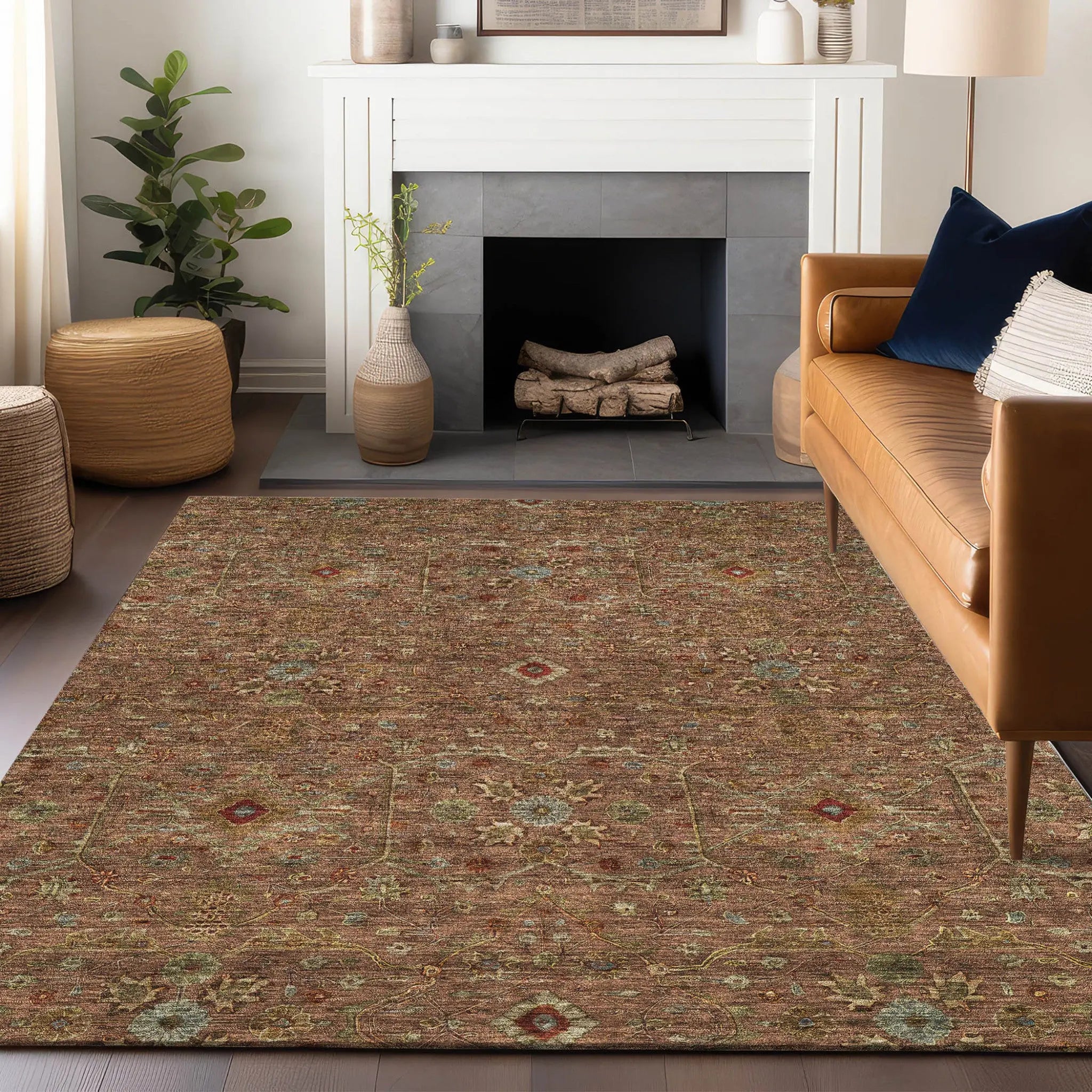 5' X 8' Brown Red And Green Floral Washable Indoor Outdoor Area Rug Homeroots Outdoor