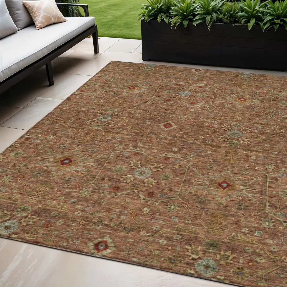 5' X 8' Brown Red And Green Floral Washable Indoor Outdoor Area Rug Homeroots Outdoor
