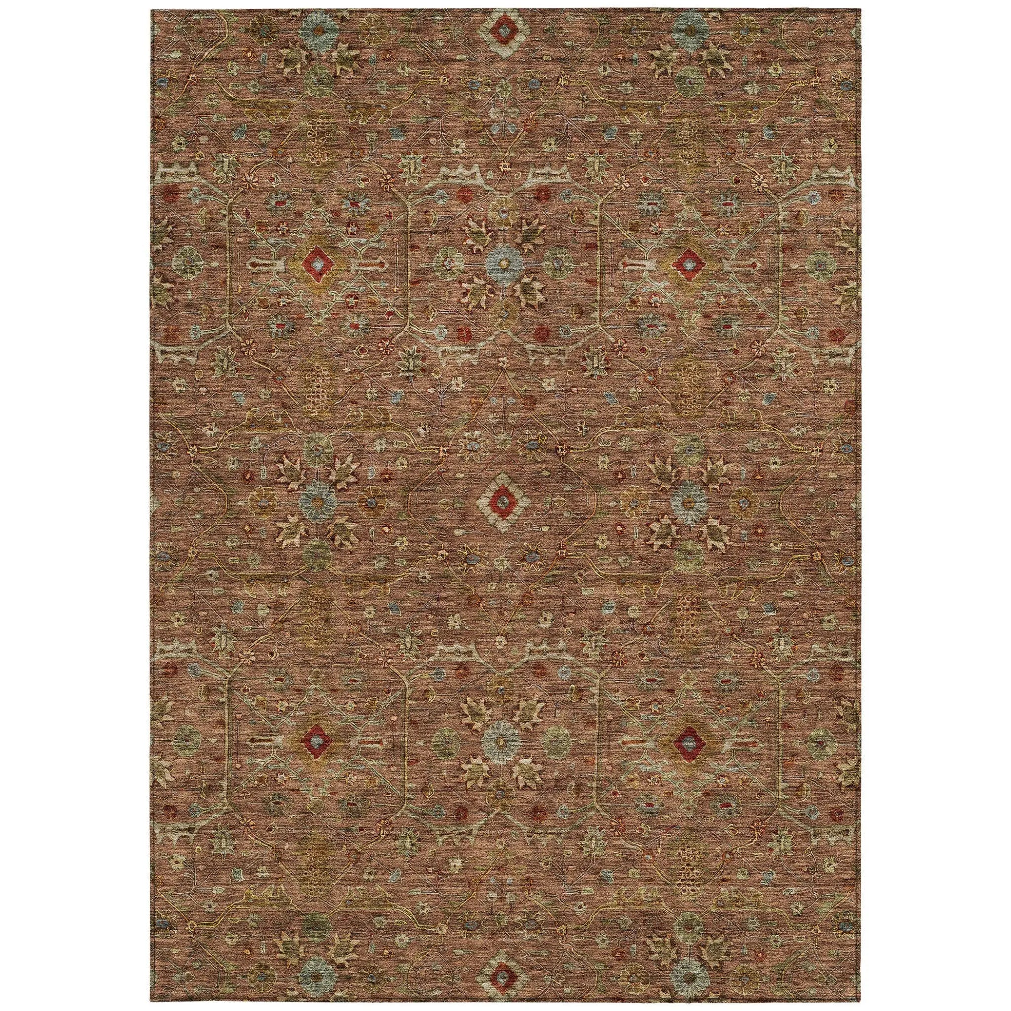 5' X 8' Brown Red And Green Floral Washable Indoor Outdoor Area Rug Homeroots Outdoor