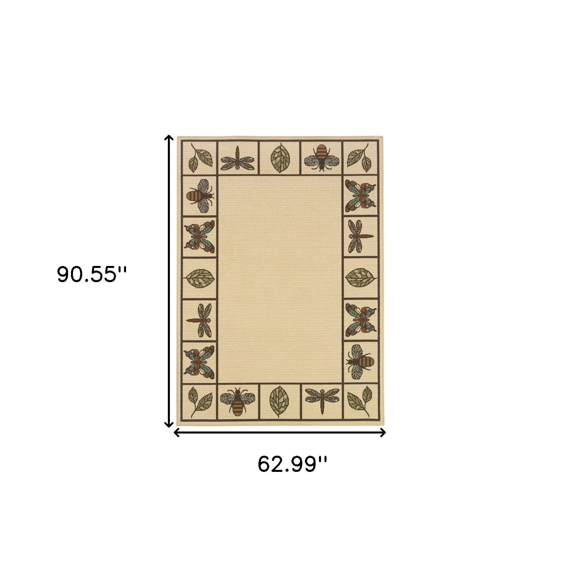 Beige outdoor rug with insect and leaf border design, 90.55" x 62.99", durable material for patio use.