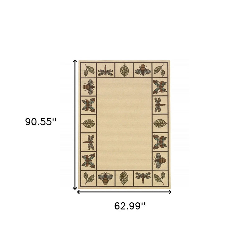 Beige outdoor rug with insect and leaf border design, 90.55" x 62.99", durable material for patio use.
