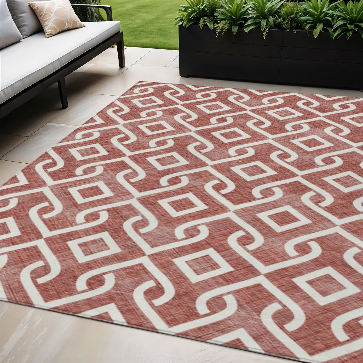 5' X 8' Burgundy And Ivory Geometric Washable Indoor Outdoor Area Rug Homeroots Outdoor