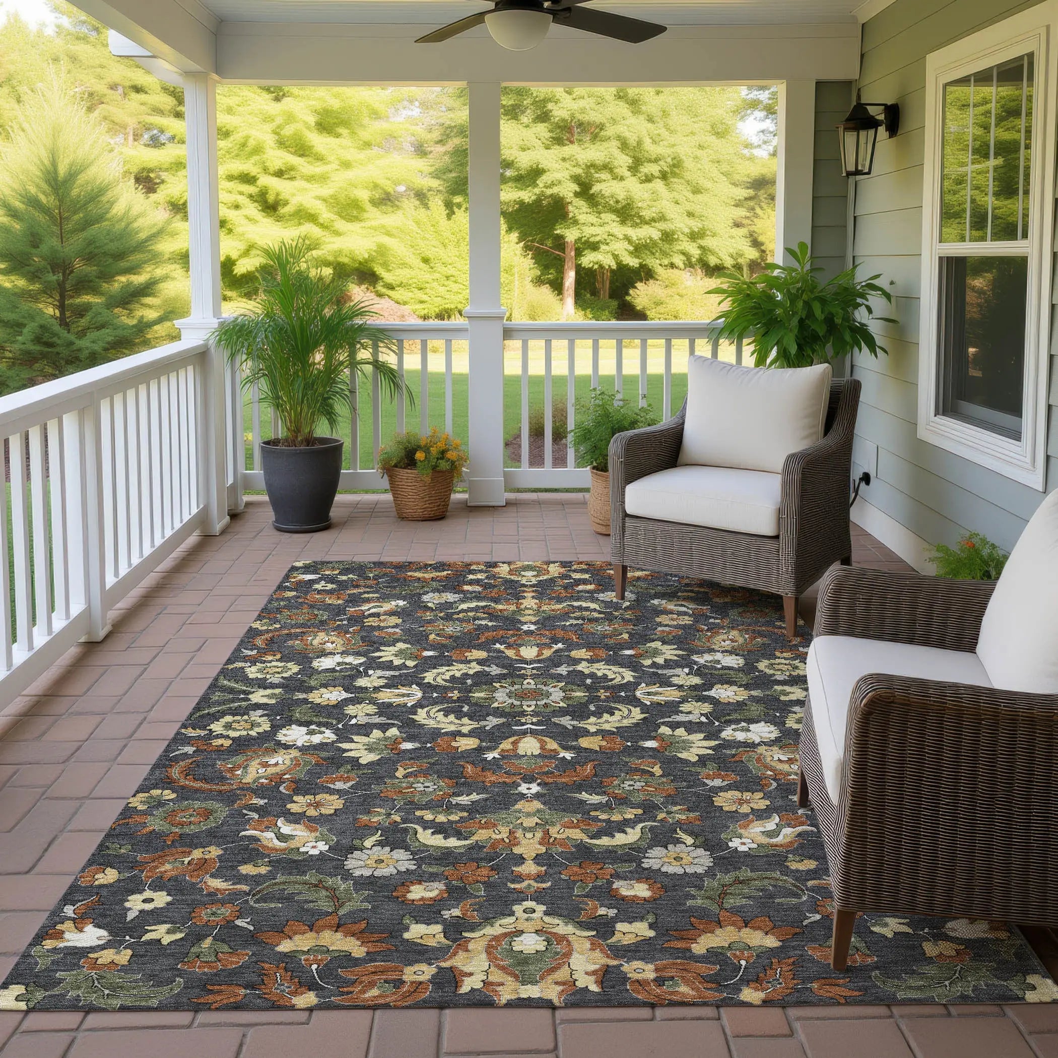 5' X 8' Charcoal And Black Floral Medallion Washable Indoor Outdoor Area Rug Homeroots Outdoor