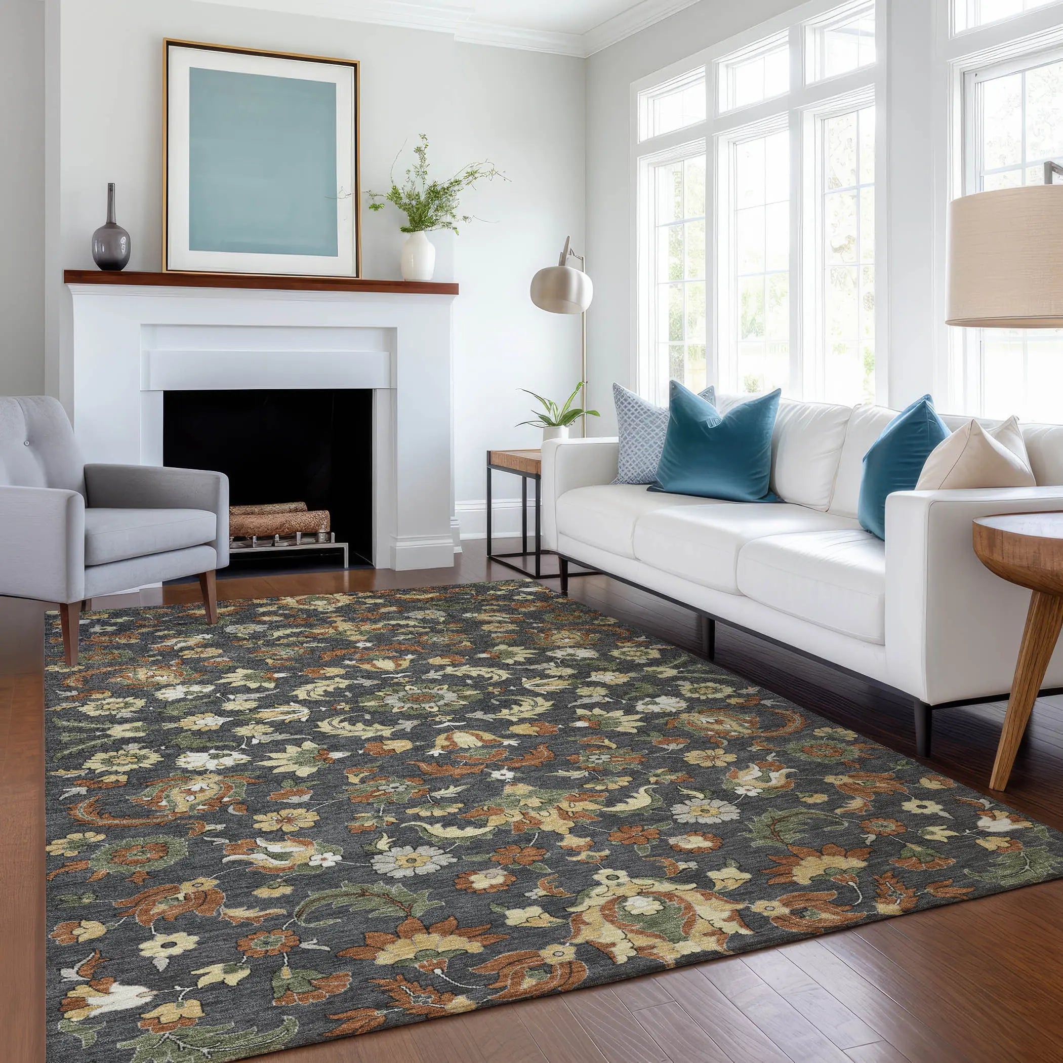 5' X 8' Charcoal And Black Floral Medallion Washable Indoor Outdoor Area Rug Homeroots Outdoor