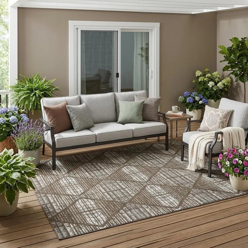 5' X 8' Chocolate And Beige Geometric Washable Indoor Outdoor Area Rug Homeroots Outdoor