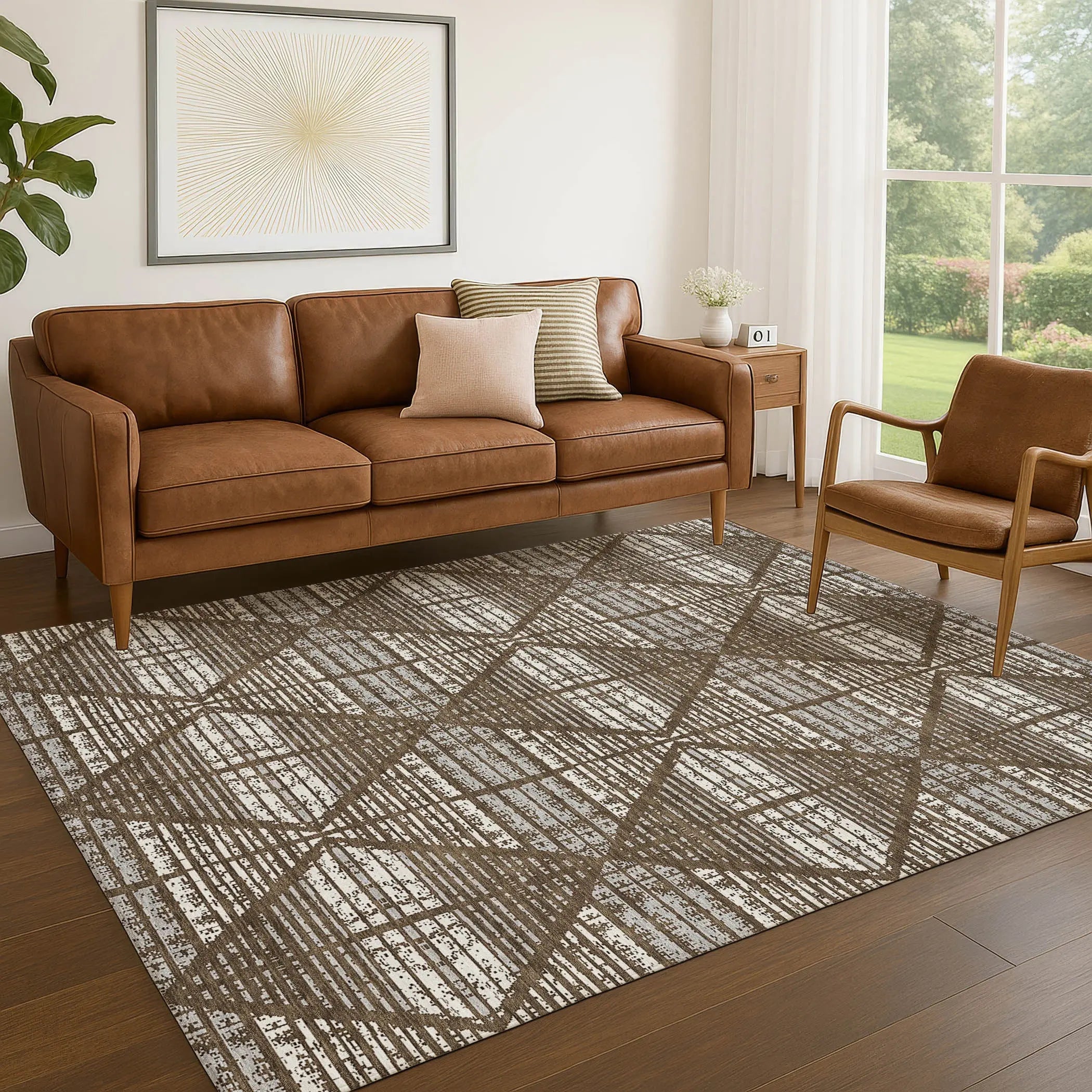 5' X 8' Chocolate And Beige Geometric Washable Indoor Outdoor Area Rug Homeroots Outdoor