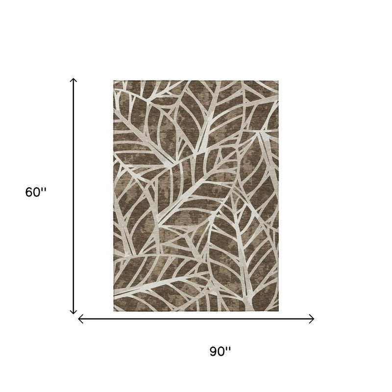 5' X 8' Chocolate And Brown Botanical Leaves Washable Indoor Outdoor Area Rug Homeroots Outdoor