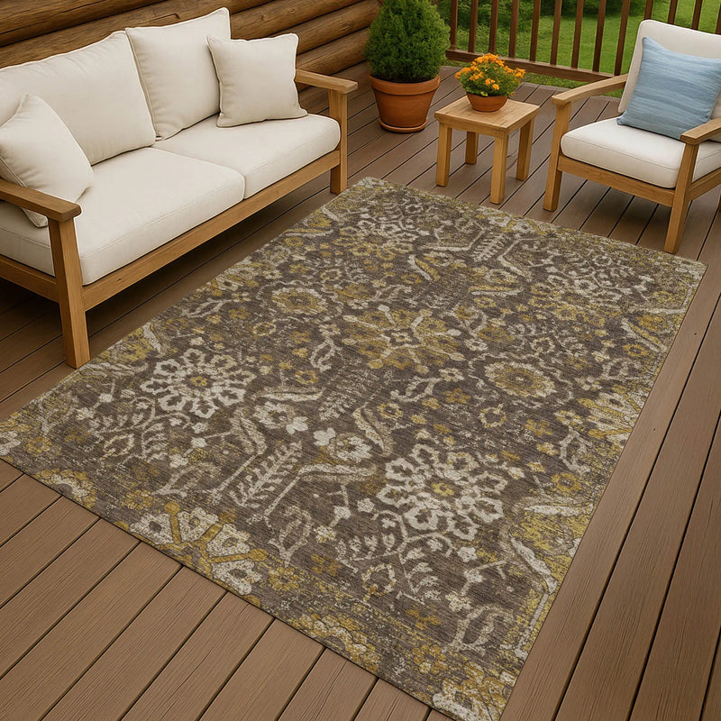 5' X 8' Chocolate And Brown Damask Washable Indoor Outdoor Area Rug Homeroots Outdoor