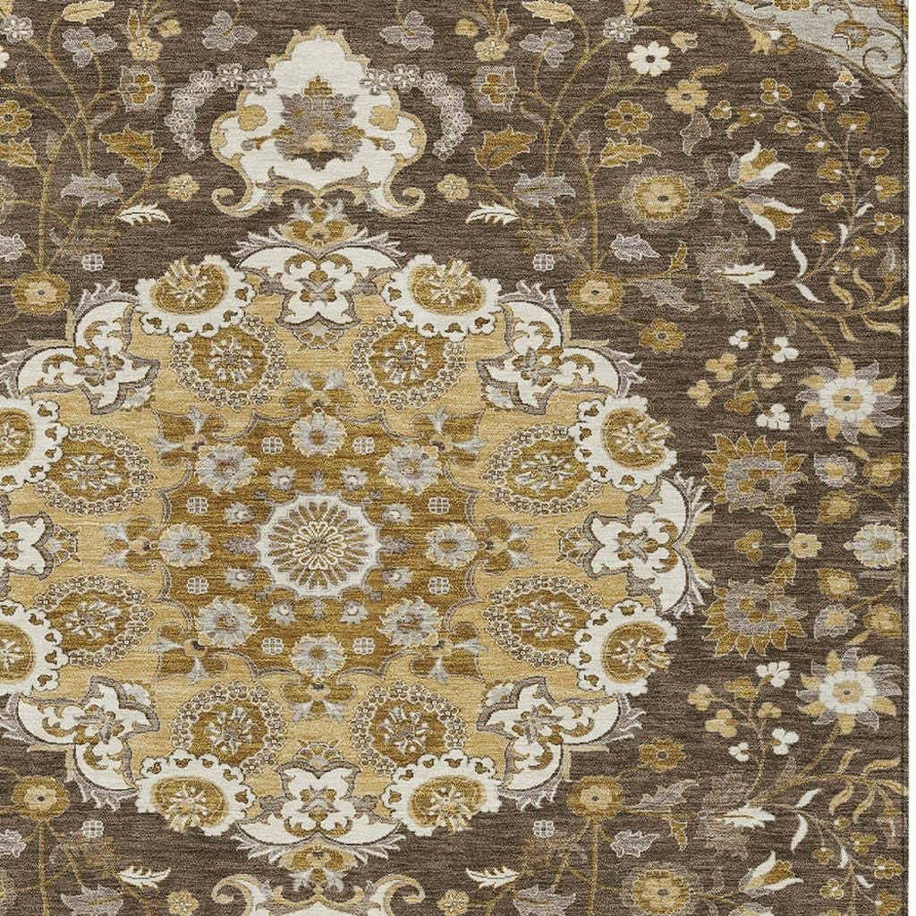 5' X 8' Chocolate And Brown Damask Washable Indoor Outdoor Area Rug Homeroots Outdoor