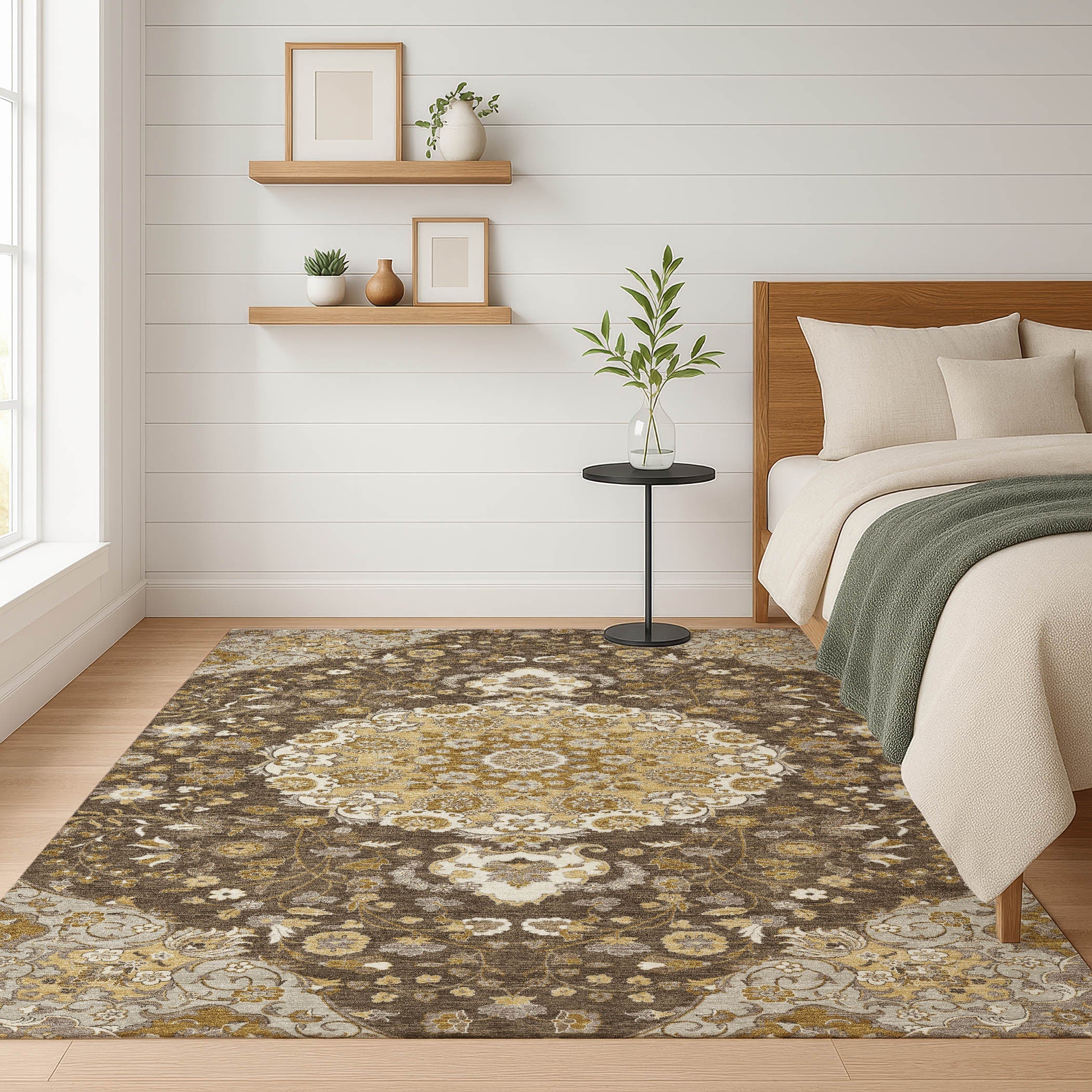 5' X 8' Chocolate And Brown Damask Washable Indoor Outdoor Area Rug Homeroots Outdoor