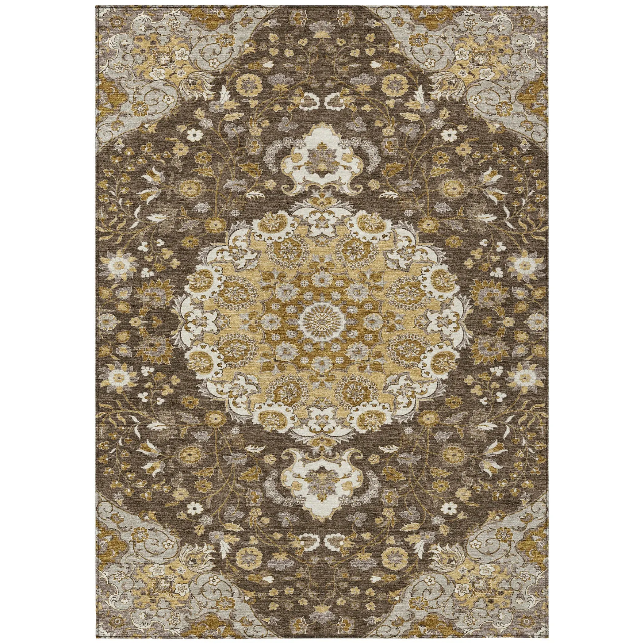 5' X 8' Chocolate And Brown Damask Washable Indoor Outdoor Area Rug Homeroots Outdoor
