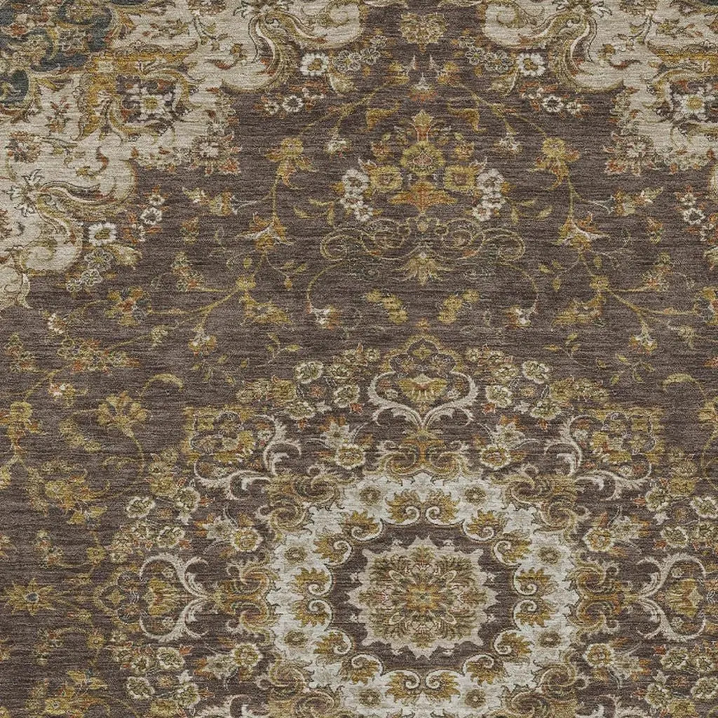 5' X 8' Chocolate And Brown Floral Medallion Washable Indoor Outdoor Area Rug Homeroots Outdoor
