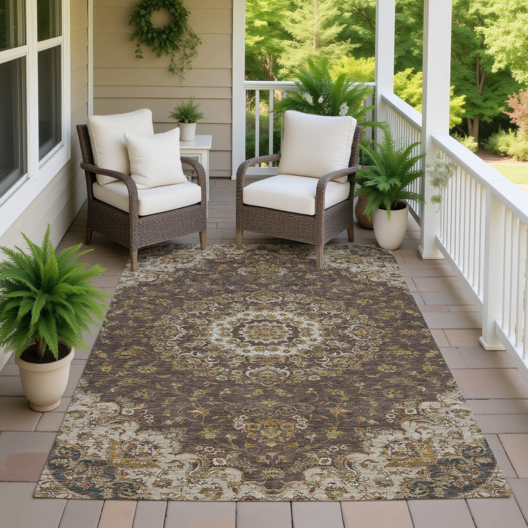 5' X 8' Chocolate And Brown Floral Medallion Washable Indoor Outdoor Area Rug Homeroots Outdoor