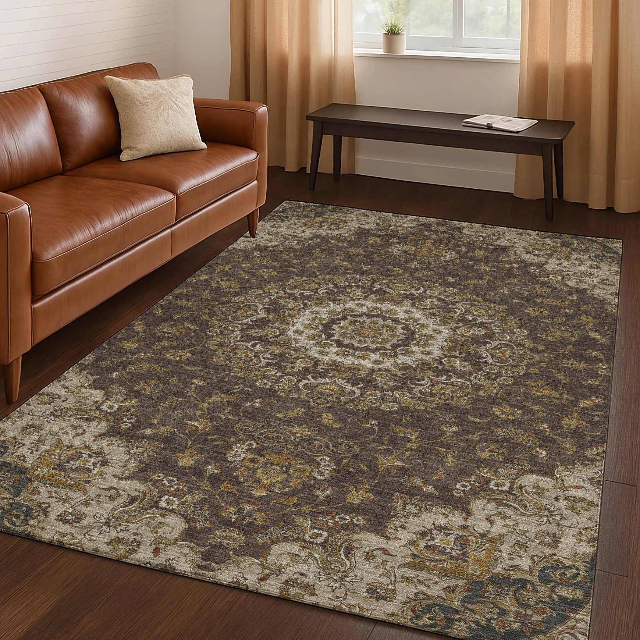 5' X 8' Chocolate And Brown Floral Medallion Washable Indoor Outdoor Area Rug Homeroots Outdoor
