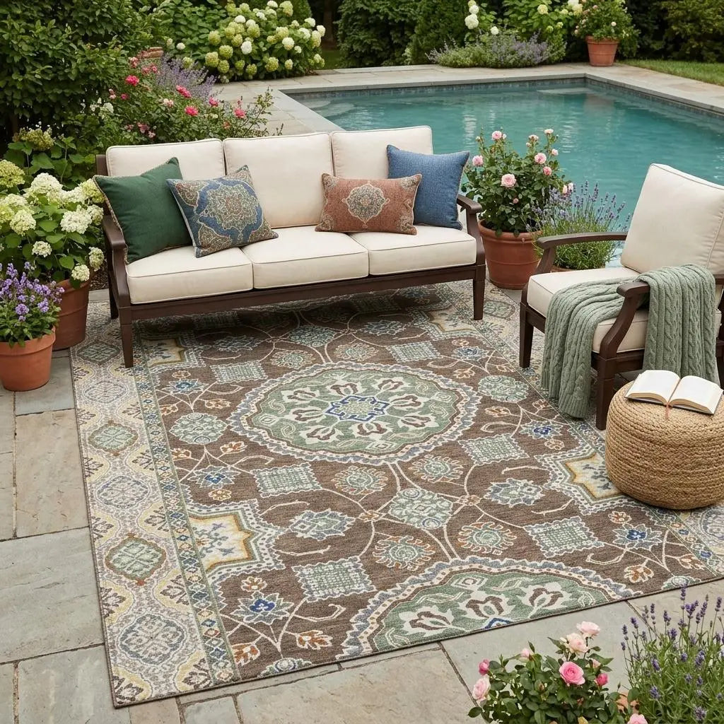 5' X 8' Chocolate And Brown Floral Medallion Washable Indoor Outdoor Area Rug Homeroots Outdoor