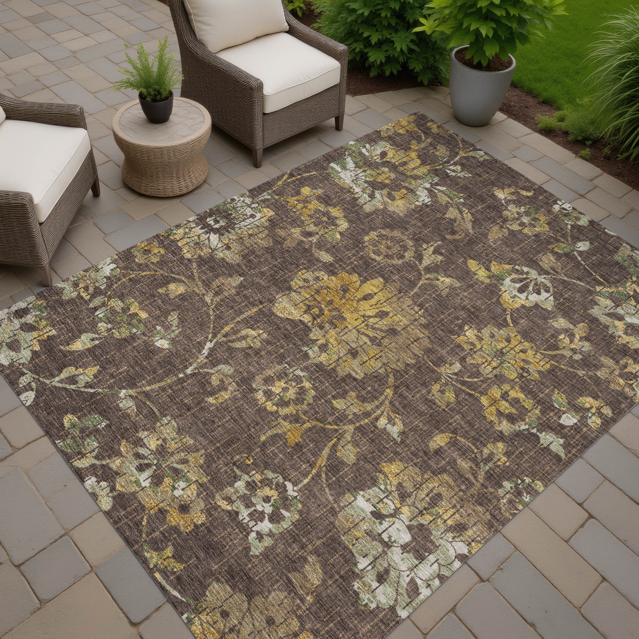 5' X 8' Chocolate And Brown Floral Washable Indoor Outdoor Area Rug Homeroots Outdoor