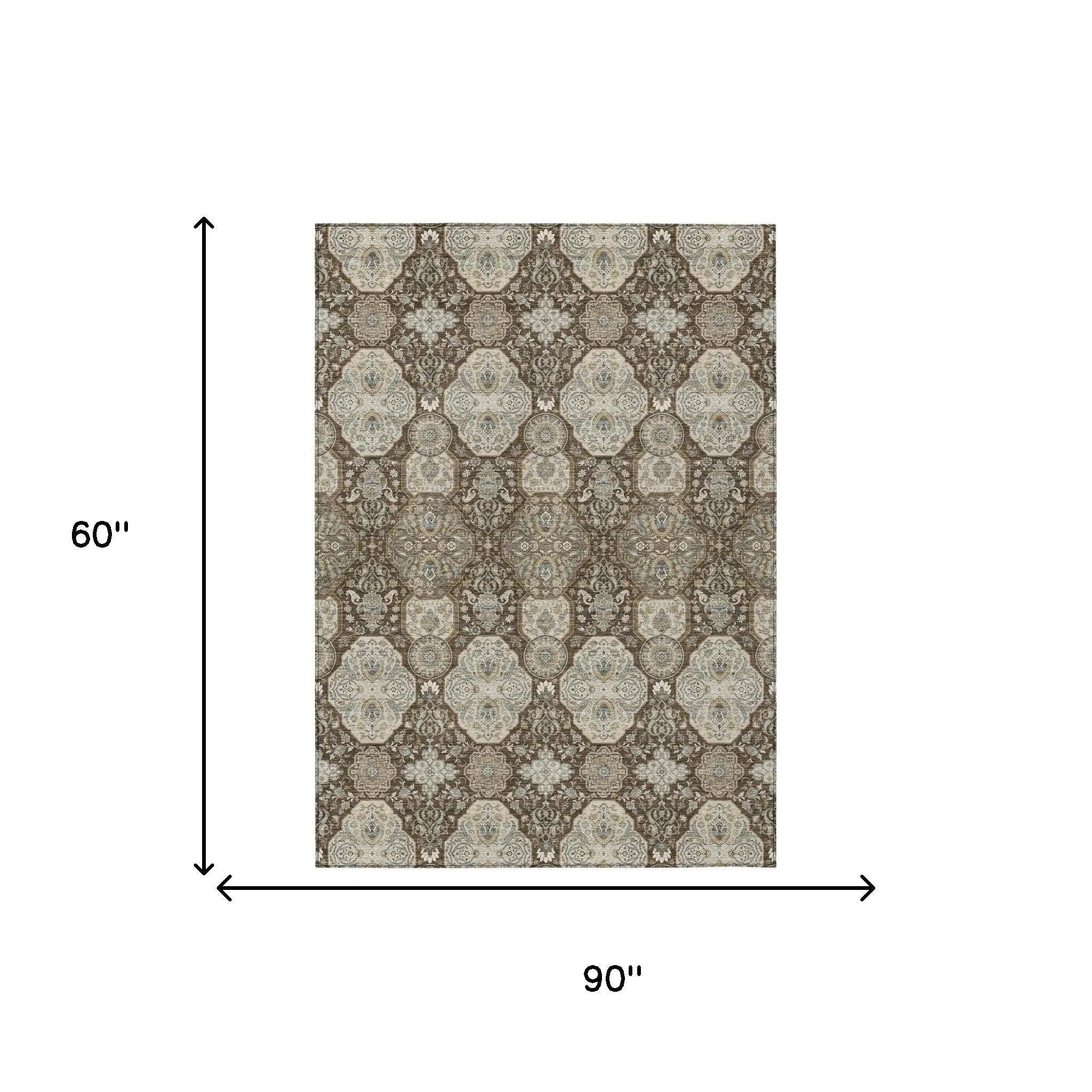 5' X 8' Chocolate And Brown Floral Washable Indoor Outdoor Area Rug Homeroots Outdoor