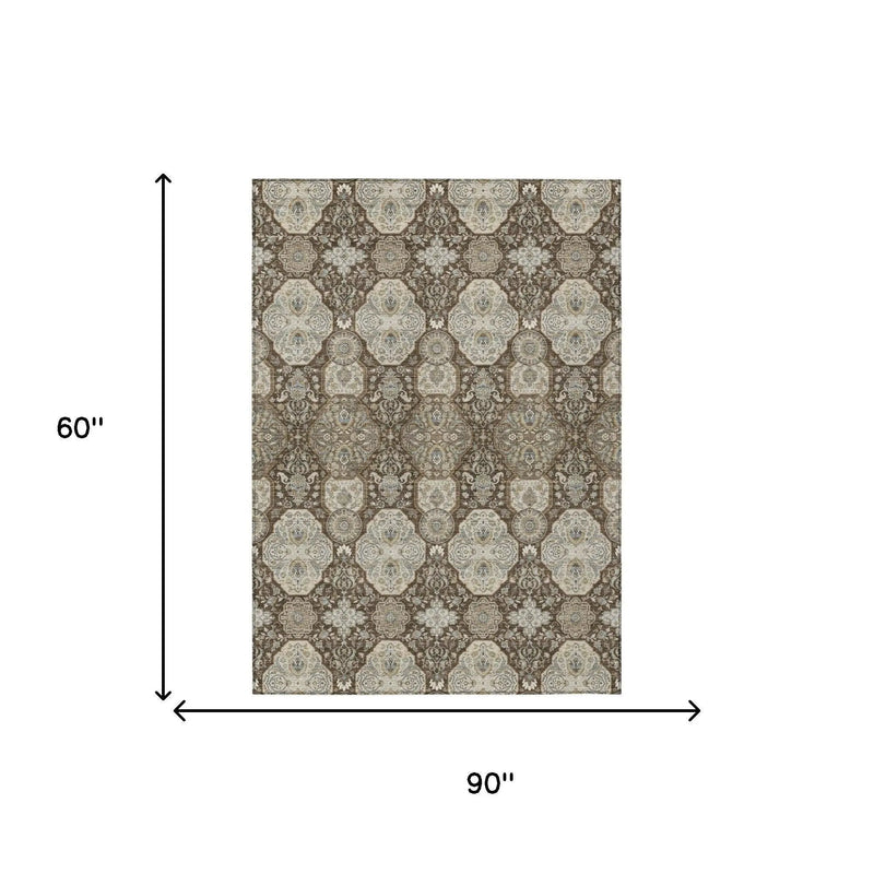 5' X 8' Chocolate And Brown Floral Washable Indoor Outdoor Area Rug Homeroots Outdoor