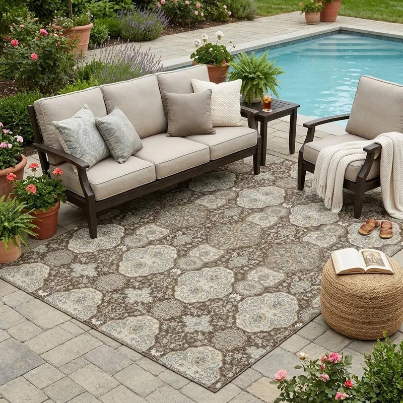 5' X 8' Chocolate And Brown Floral Washable Indoor Outdoor Area Rug Homeroots Outdoor