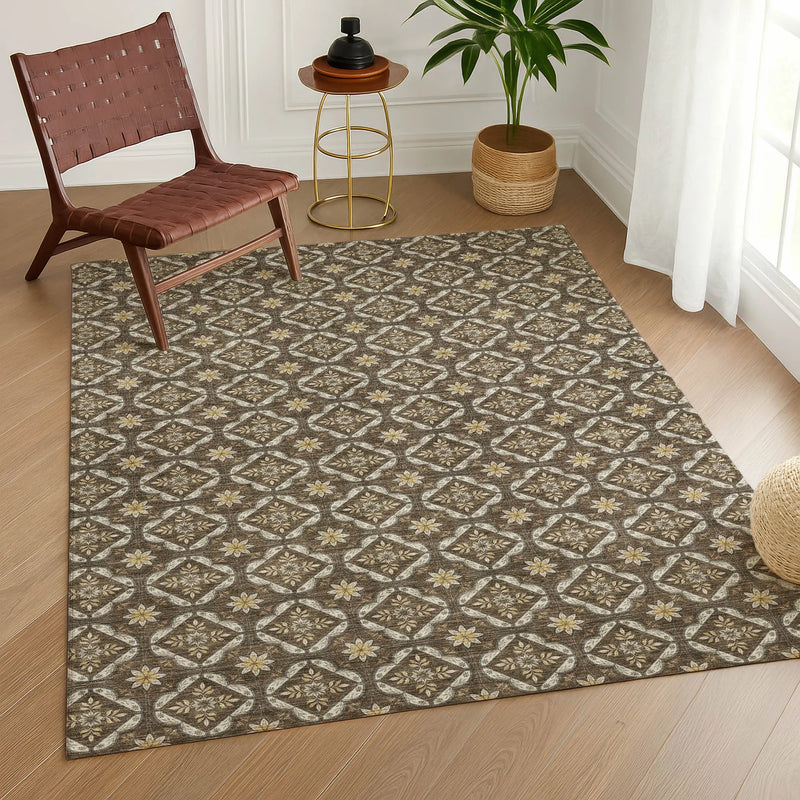 5' X 8' Chocolate And Brown Geometric Washable Indoor Outdoor Area Rug Homeroots Outdoor