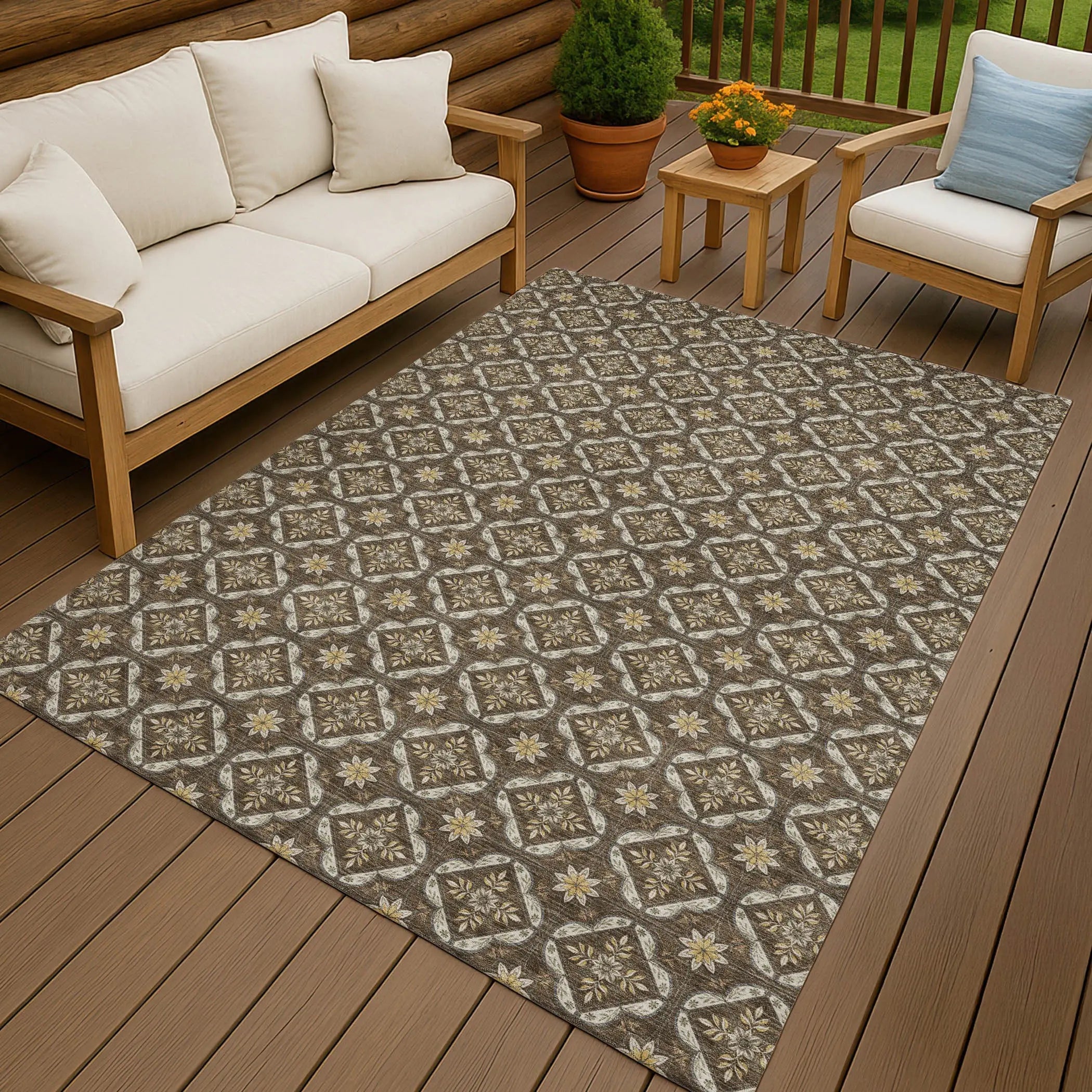 5' X 8' Chocolate And Brown Geometric Washable Indoor Outdoor Area Rug Homeroots Outdoor