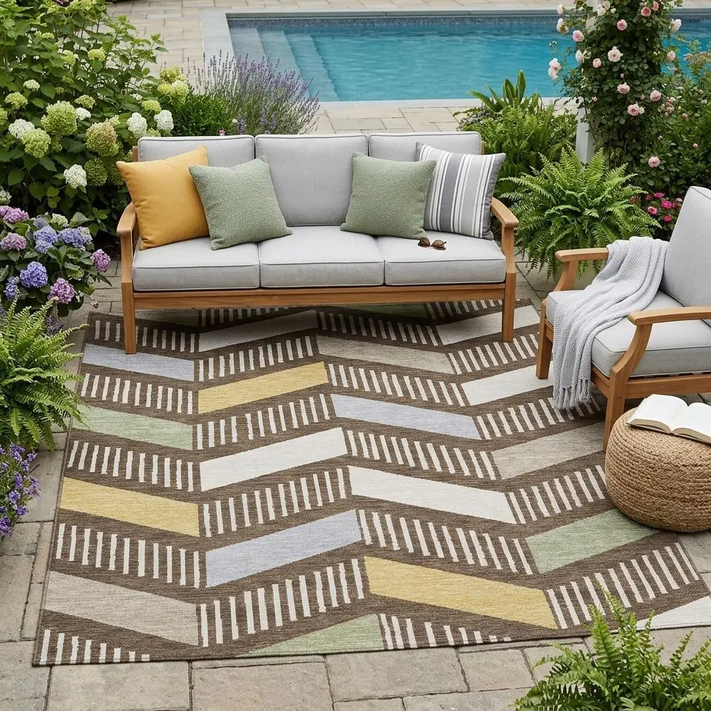 5' X 8' Chocolate And Brown Geometric Washable Indoor Outdoor Area Rug Homeroots Outdoor