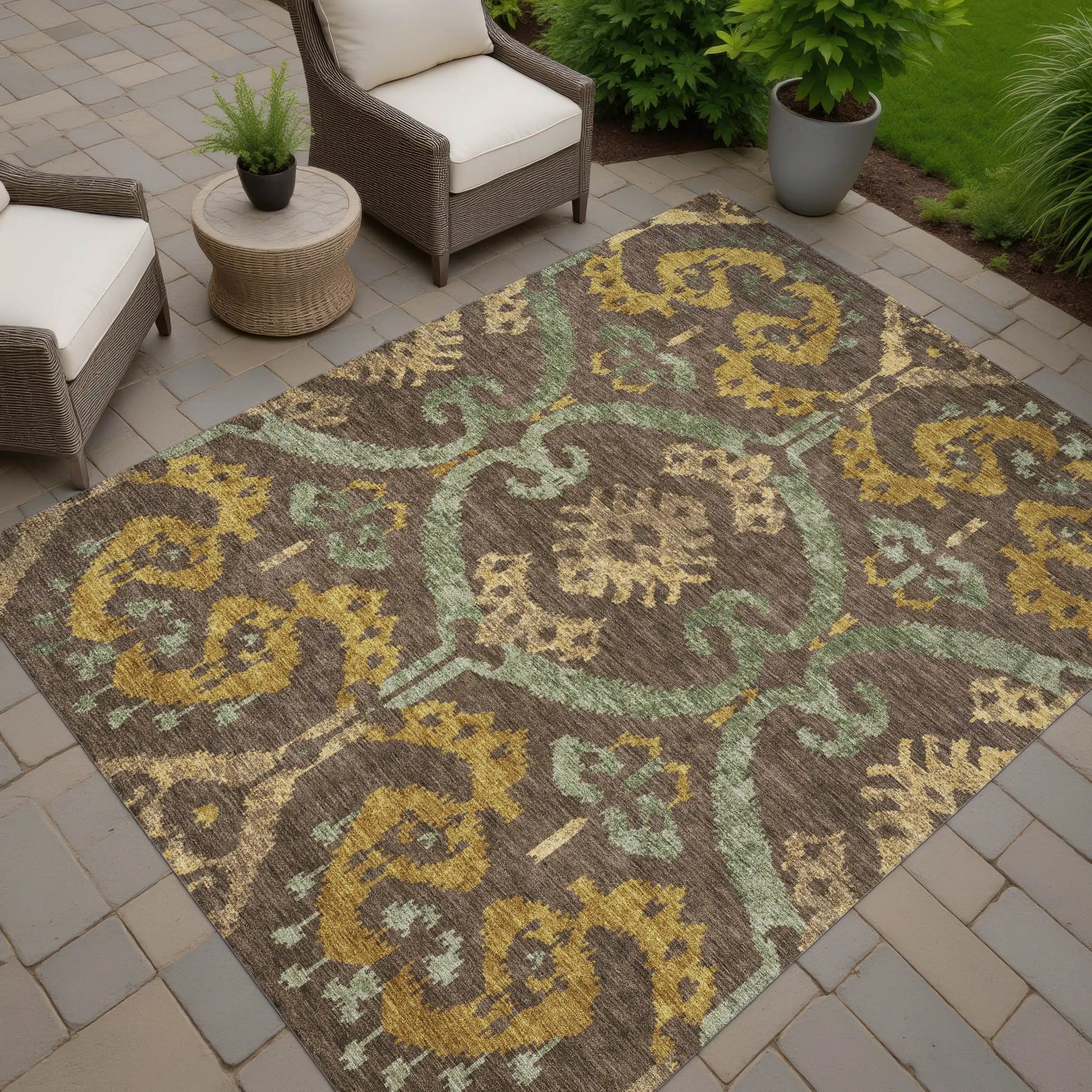 5' X 8' Chocolate And Brown Ikat Washable Indoor Outdoor Area Rug Homeroots Outdoor