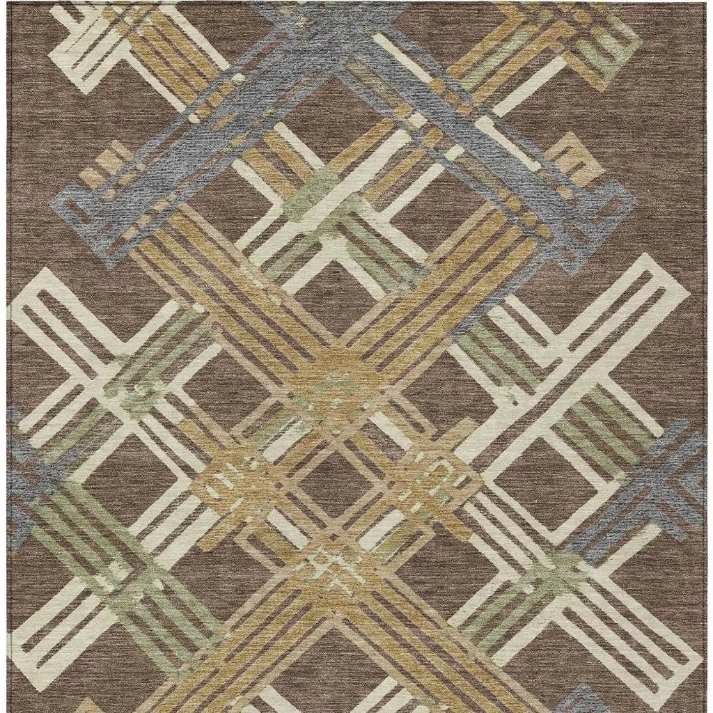 5' X 8' Chocolate And Gold Geometric Washable Indoor Outdoor Area Rug Homeroots Outdoor