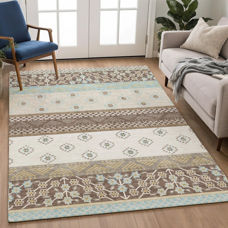 5' X 8' Chocolate And Green Striped Washable Indoor Outdoor Area Rug Homeroots Outdoor