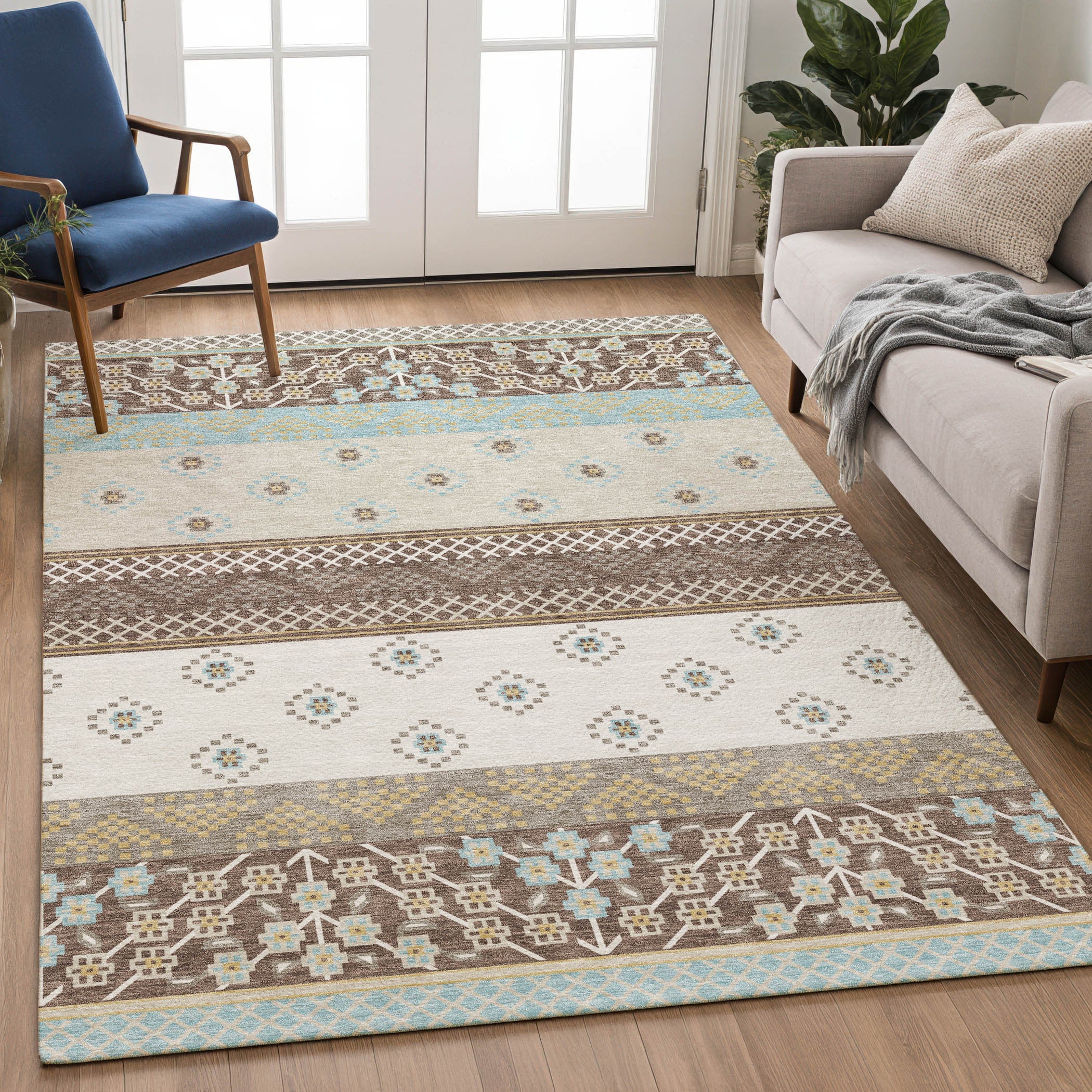 5' X 8' Chocolate And Green Striped Washable Indoor Outdoor Area Rug Homeroots Outdoor