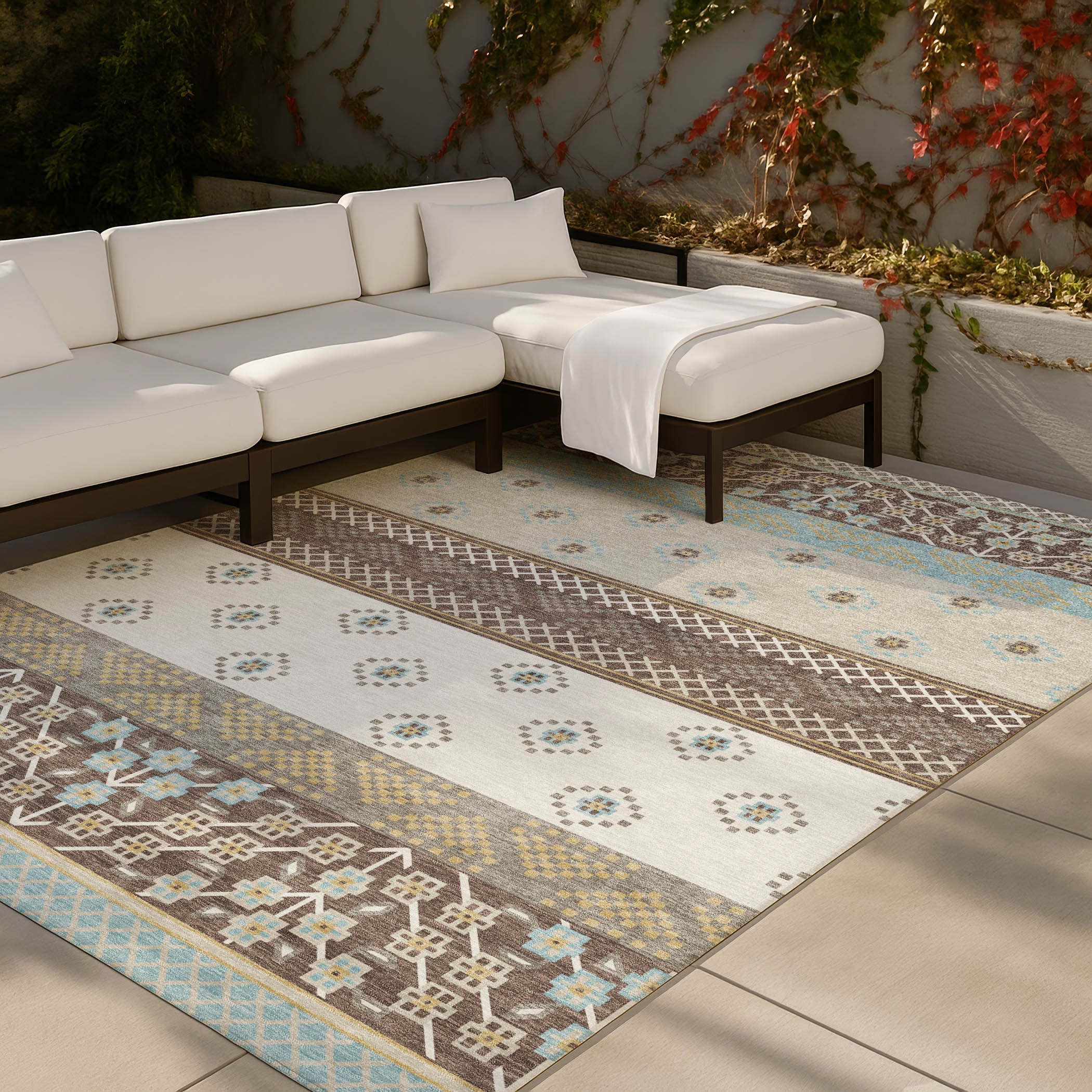 5' X 8' Chocolate And Green Striped Washable Indoor Outdoor Area Rug Homeroots Outdoor