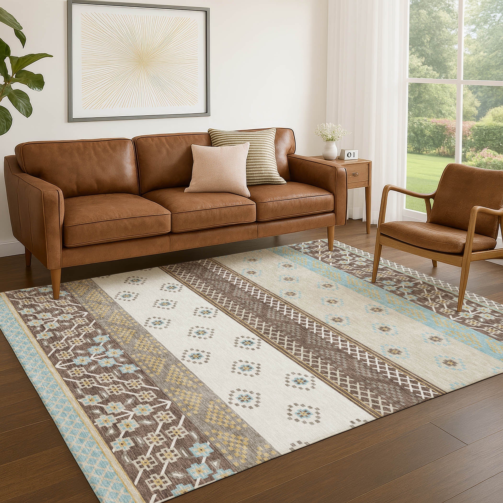 5' X 8' Chocolate And Green Striped Washable Indoor Outdoor Area Rug Homeroots Outdoor