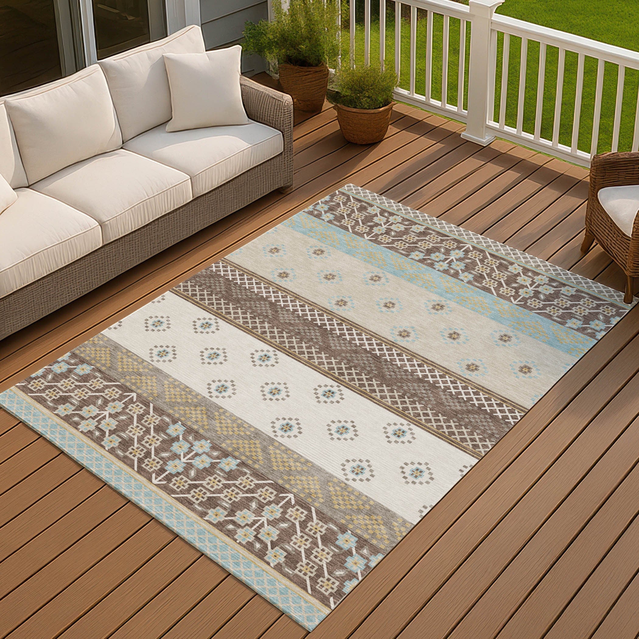 5' X 8' Chocolate And Green Striped Washable Indoor Outdoor Area Rug Homeroots Outdoor