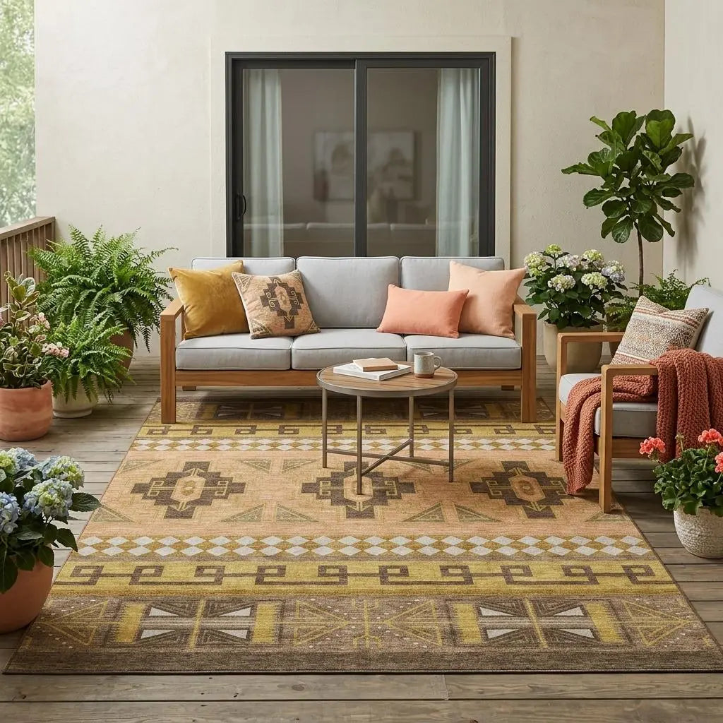 5' X 8' Chocolate And Olive Green Tribal Washable Indoor Outdoor Area Rug Homeroots Outdoor