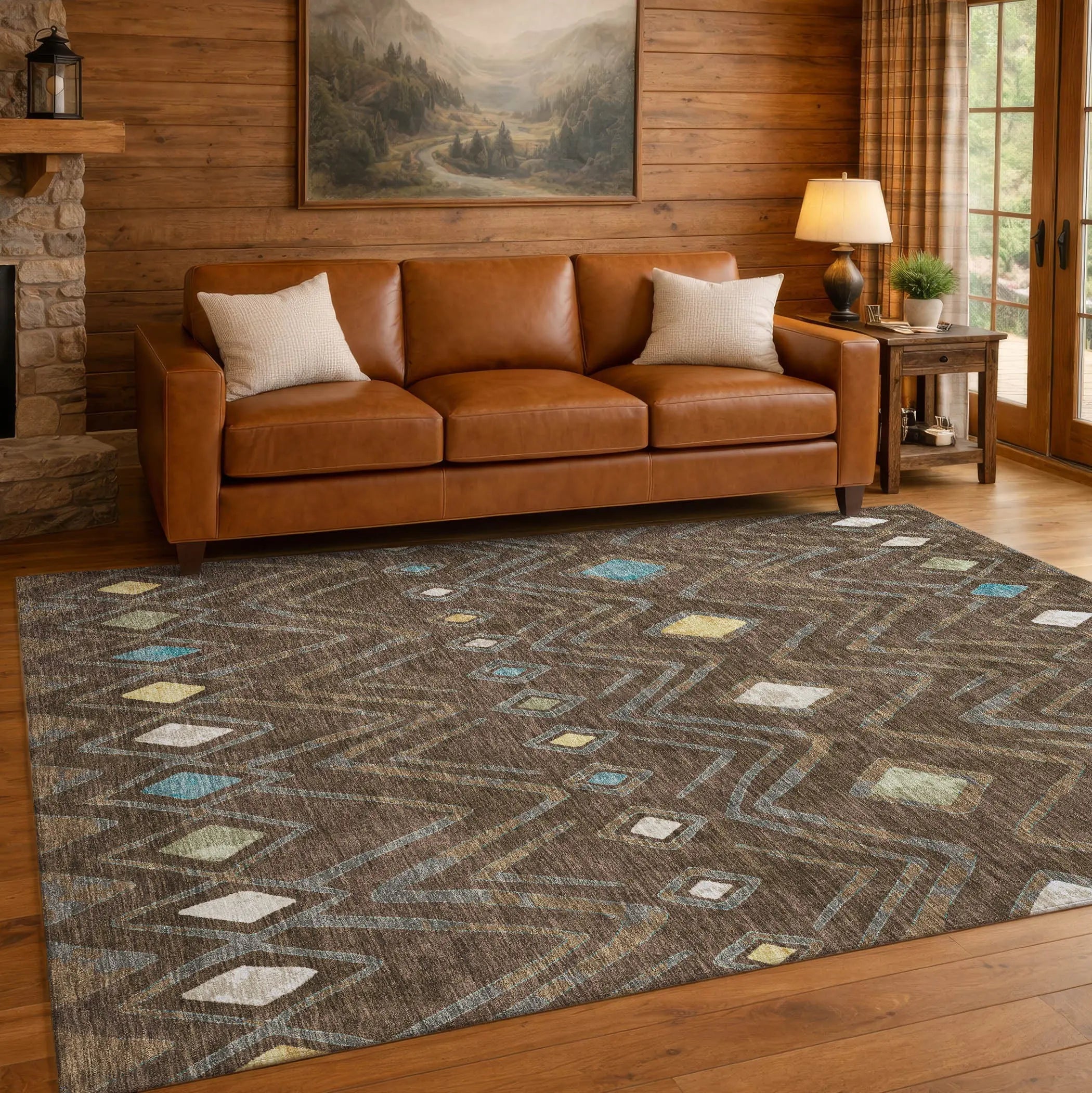 5' X 8' Chocolate And Orange Geometric Washable Indoor Outdoor Area Rug Homeroots Outdoor