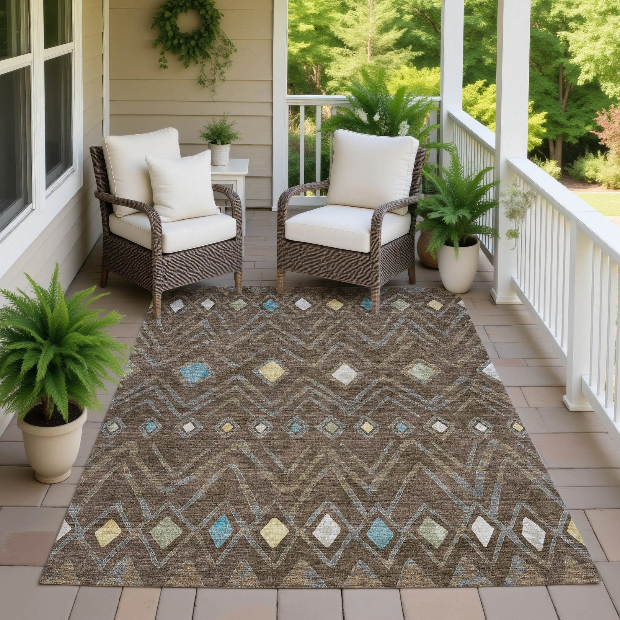 5' X 8' Chocolate And Orange Geometric Washable Indoor Outdoor Area Rug Homeroots Outdoor