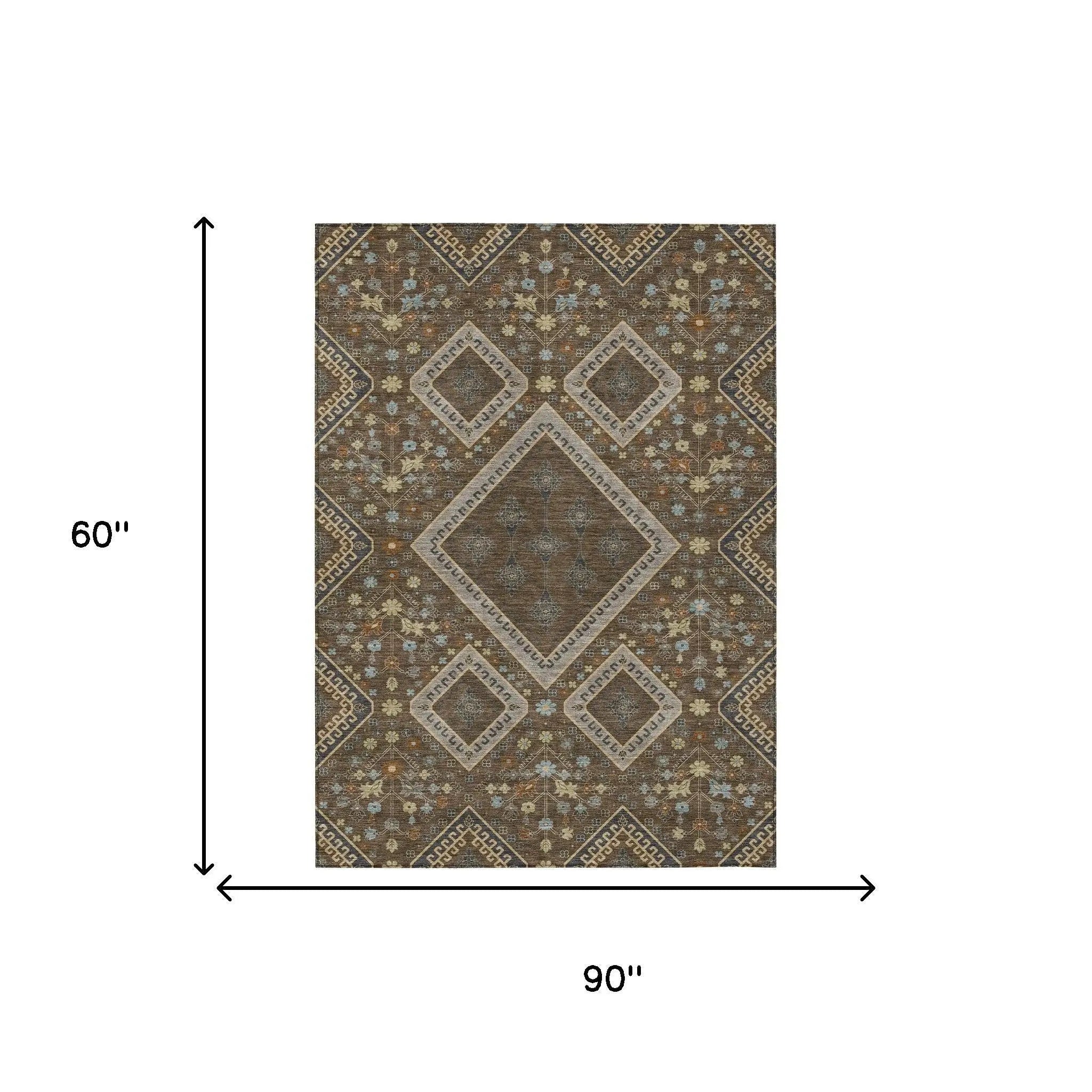 5' X 8' Chocolate And Orange Medallion Washable Indoor Outdoor Area Rug Homeroots Outdoor