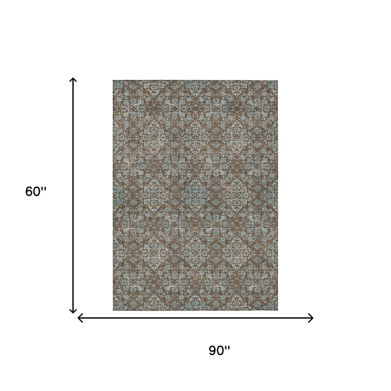 5' X 8' Chocolate And Pearl Oriental Washable Indoor Outdoor Area Rug Homeroots Outdoor