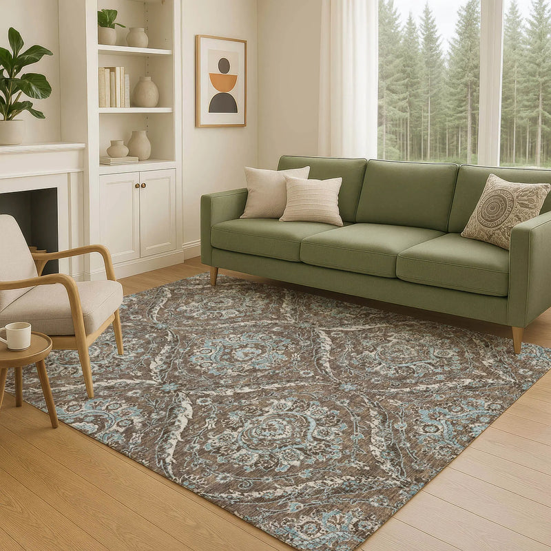 5' X 8' Chocolate And Silver Floral Washable Indoor Outdoor Area Rug Homeroots Outdoor
