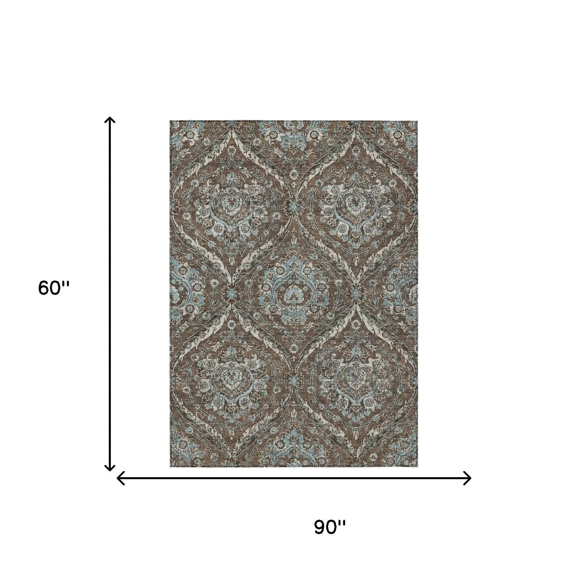 5' X 8' Chocolate And Silver Floral Washable Indoor Outdoor Area Rug Homeroots Outdoor