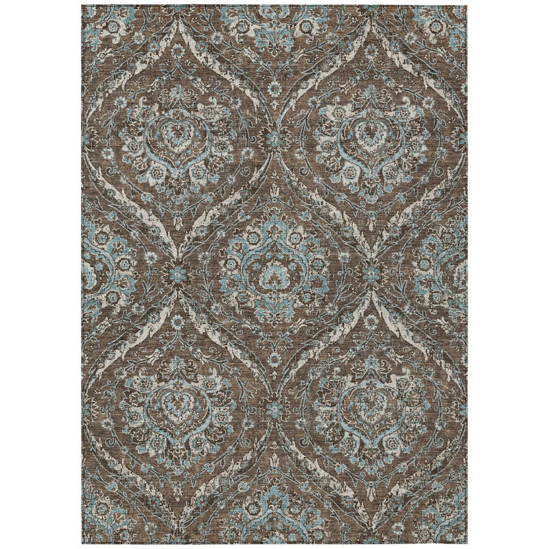 5' X 8' Chocolate And Silver Floral Washable Indoor Outdoor Area Rug Homeroots Outdoor