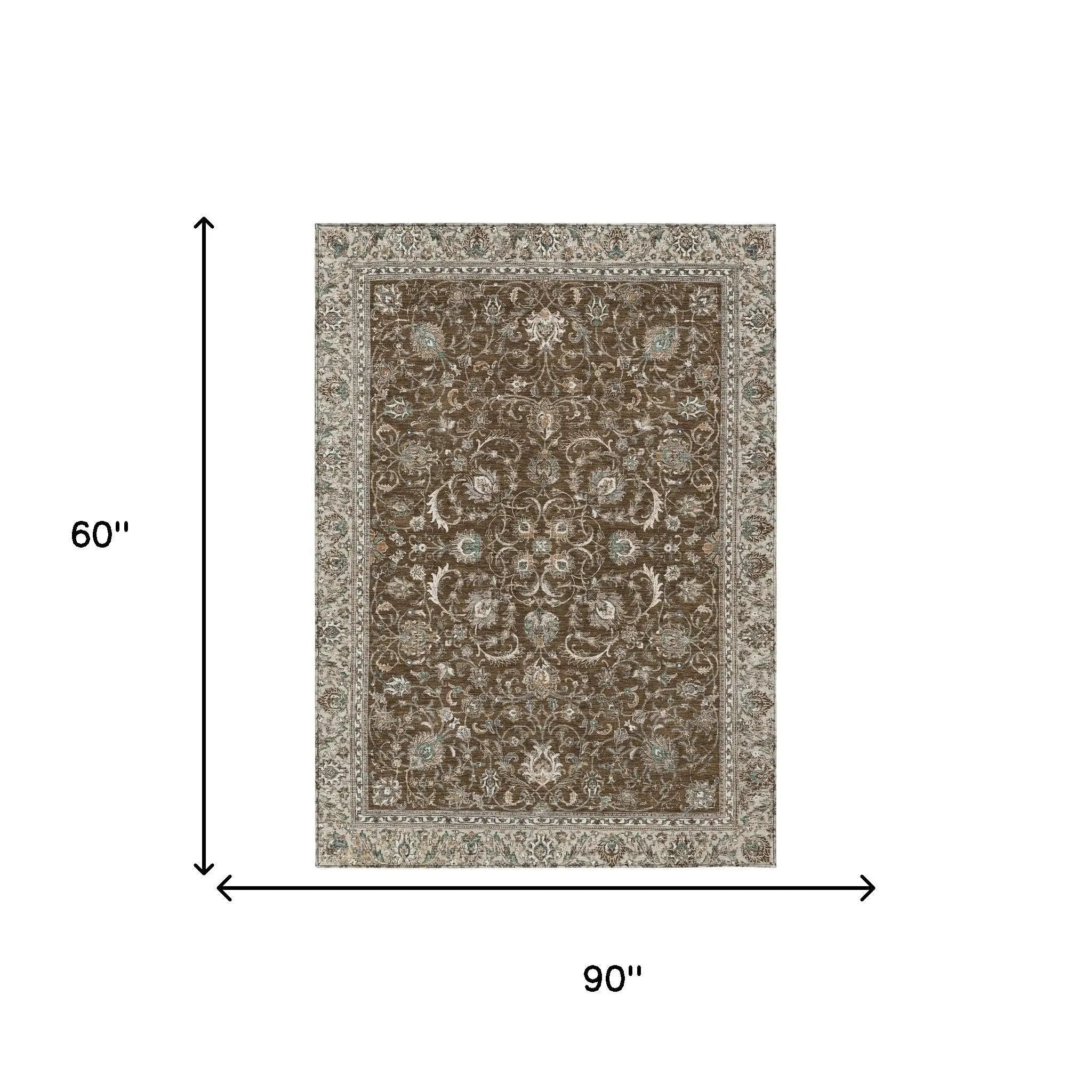 5' X 8' Chocolate And Taupe Botanical Leaves Washable Indoor Outdoor Area Rug Homeroots Outdoor