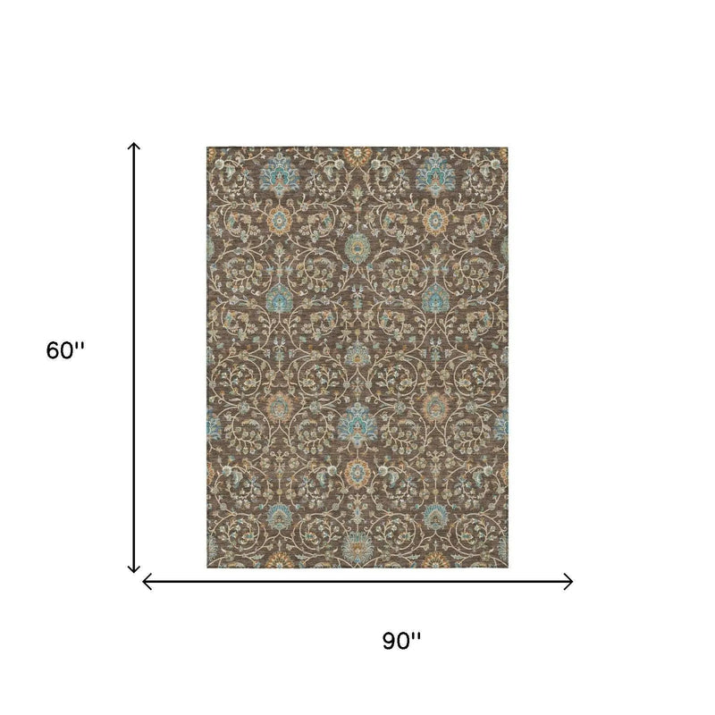 5' X 8' Coffee And Brown Floral Washable Indoor Outdoor Area Rug Homeroots Outdoor